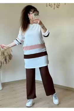 Kahve Pudra Şeritli Takım