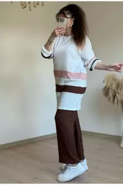 Kahve Pudra Şeritli Takım
