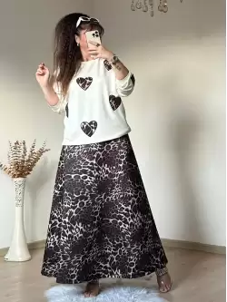 Kalpli Leopar Etek Bluz Takım