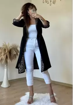Kapüşonlu Leopar Trençkot Siyah