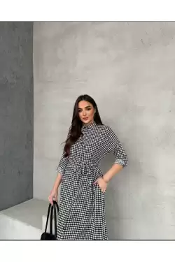 kaz ayağı Cepli Gömlek Elbise