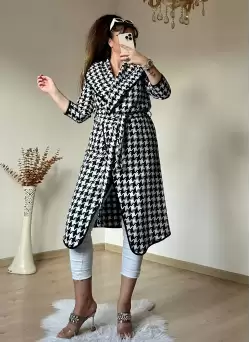 Kaz Ayağı Desen Mevsımlık Kaban