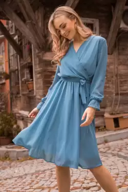 Kısa Düz Şifon Elbise Mavi