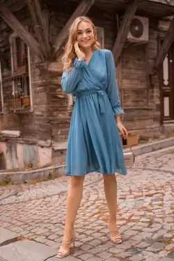 Kısa Düz Şifon Elbise Mavi