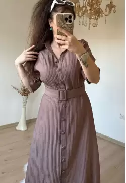 Kısa Kol Midi Boy Gömlek Elbise Kahve