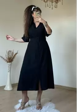 Kısa Kol Midi Boy Gömlek Elbise Siyah