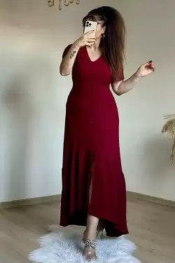 Kısa Kol Romantik Elbise Bordo