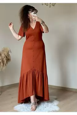 Kısa Kol Romantik Elbise Kiremit