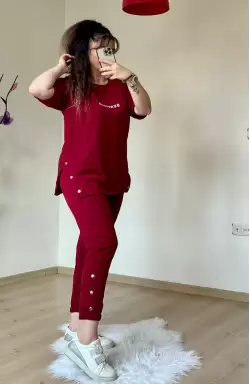 Kısa Kol Yan Çıtçıtlı Bordo Takım