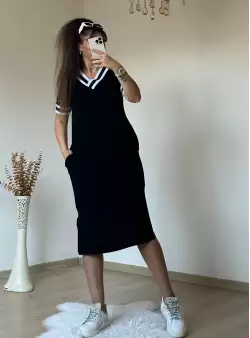 Kısa Kollu V Yaka Ribana Detay Midi Boy Elbise