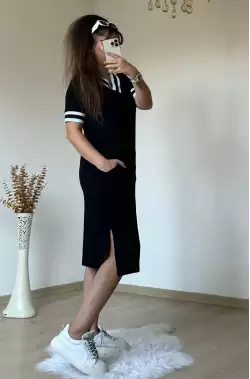 Kısa Kollu V Yaka Ribana Detay Midi Boy Elbise