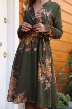 Kısa Sarı çiçekli Şifon Elbise -HAKİ