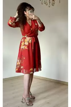 Kısa Sarı çiçekli Şifon Elbise -KİREMİT
