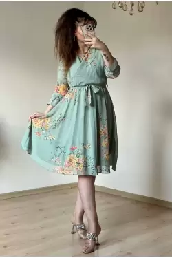 Kısa Sarı çiçekli Şifon Elbise -SU YEŞİLİ