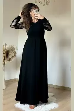 Kolları Tül Çiçek Uzun Triko Elbıse