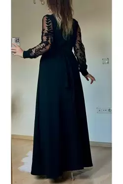 Kolları Tül Çiçek Uzun Triko Elbıse