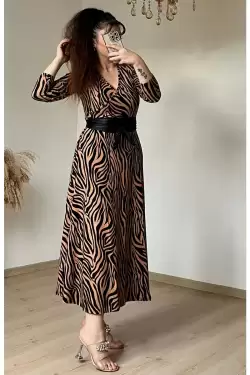 Kruvaze Yaka Uzun Kol Kahve  Zebra Süet Elbise