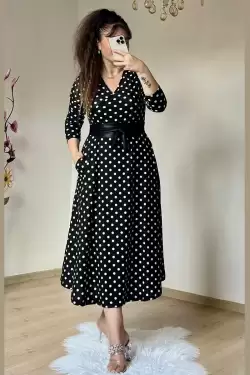 Kruvaze Yaka Uzun Kol Puanlı Krep Elbise