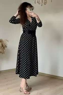 Kruvaze Yaka Uzun Kol Puanlı Süet Elbise