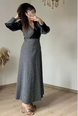 Kruvaze Yakalı Kazayağı Desen Deri Detay Ekose Elbise Gri