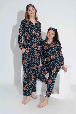 Lacivert Ayıcık Desen Anne Pijama Takımı