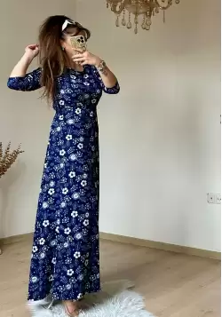 Lacivert Çıtır Çıceklı Bürümcük Elbise