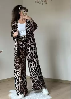 Leopar Desen Dokuma Viskon Kimono Takım