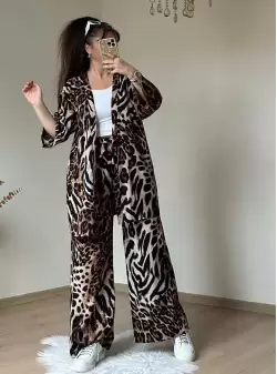 Leopar Desen Dokuma Viskon Kimono Takım
