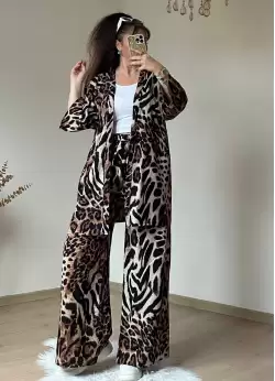 Leopar Desen Dokuma Viskon Kimono Takım