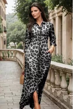 Leopar Desen Gömlek Elbise