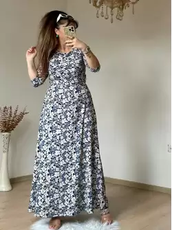 Mavi Çıtır Çıceklı Bürümcük Elbise