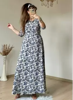 Mavi Çıtır Çıceklı Bürümcük Elbise