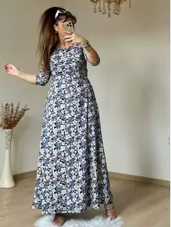 Mavi Çıtır Çıceklı Bürümcük Elbise