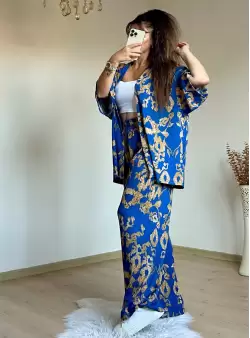 Mavı Motif Desen Kimono Takım