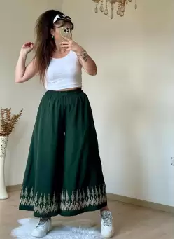 Nakışlı Pantalon Etek Haki