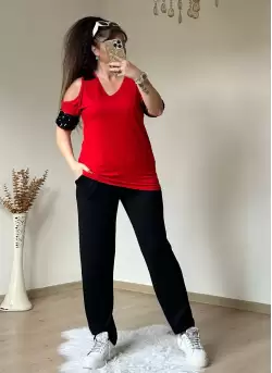 Omuz Detaylı Pullu Takım Kırmızı