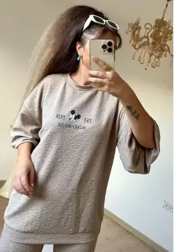 Ön Arka Mıcky Baskılı Takım Bej