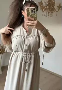 Ön Taşlı Elbise Bej