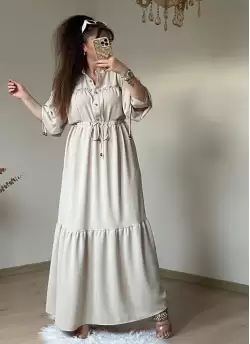 Ön Taşlı Elbise Bej