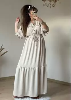 Ön Taşlı Elbise Bej