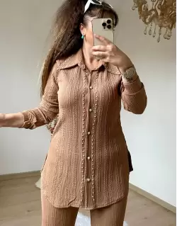 Ön Taşlı Paça Detaylı Takım Bej