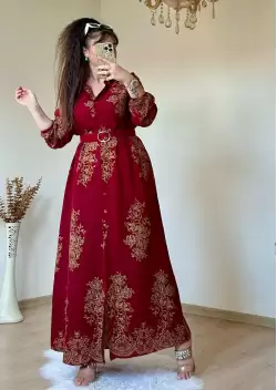 Otantık Desen Gömlek Elbise Bordo