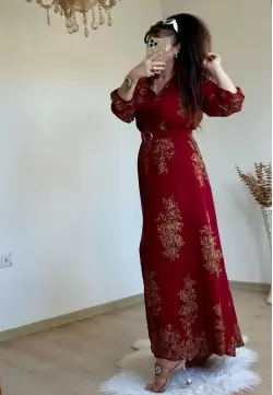 Otantık Desen Gömlek Elbise Bordo