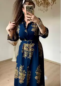 Otantık Desen Gömlek Elbise Lacivert