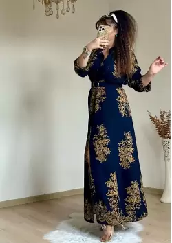 Otantık Desen Gömlek Elbise Lacivert