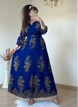 Otantık Desen Gömlek Elbise Mavi