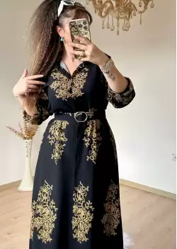 Otantık Desen Gömlek Elbise Siyah