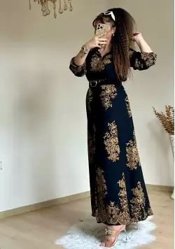 Otantık Desen Gömlek Elbise Siyah