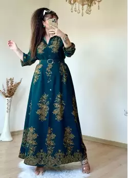Otantık Desen Gömlek Elbise Yeşil