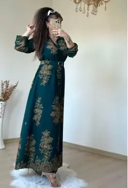 Otantık Desen Gömlek Elbise Yeşil